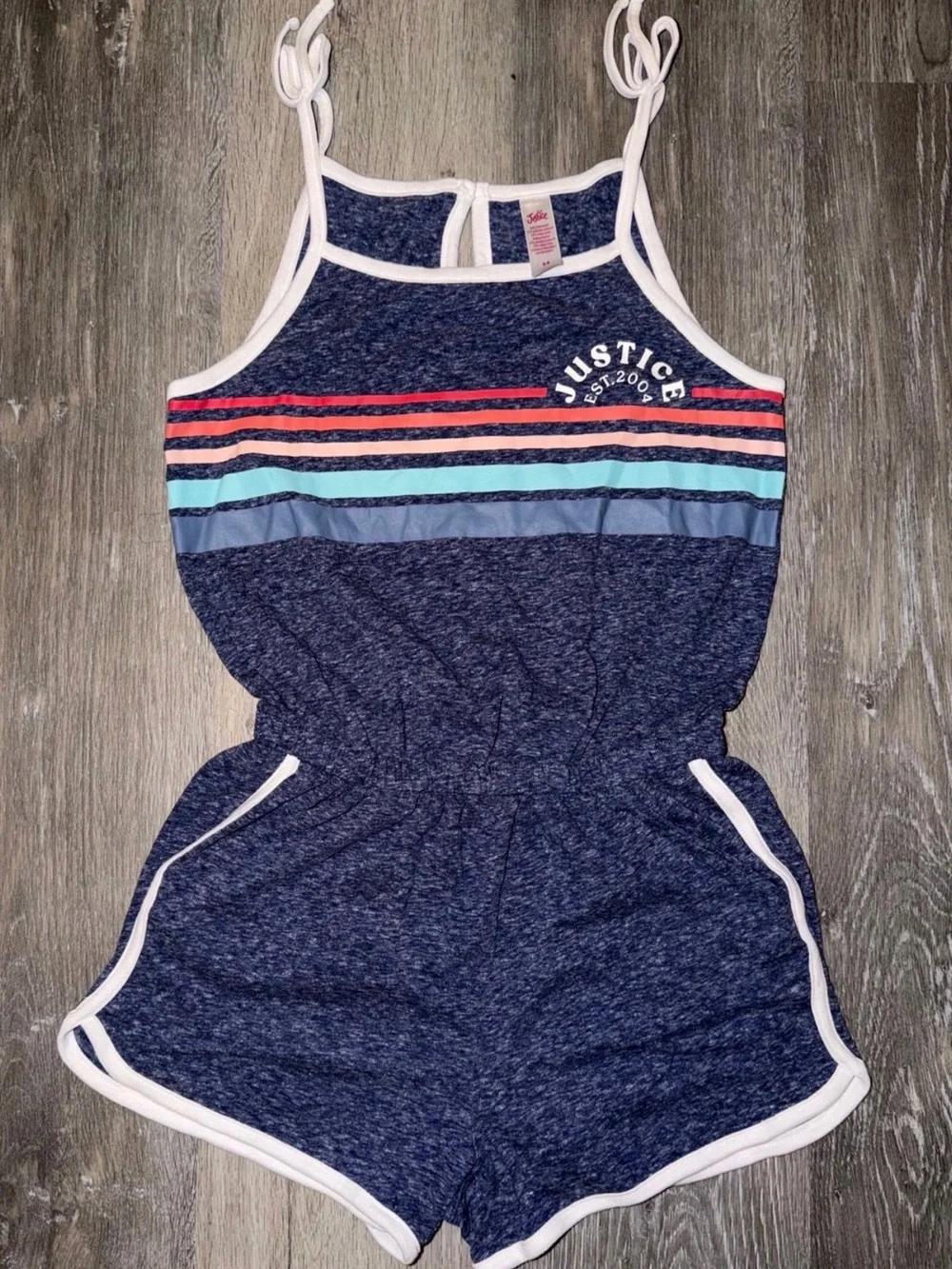 Justice Navy Romper with Coral and Aqua Stripes